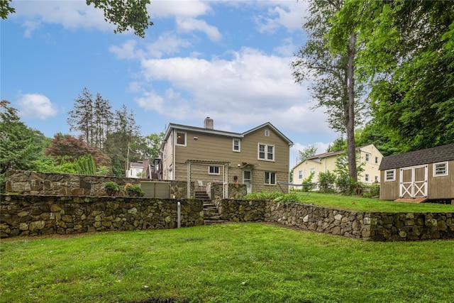33 Hollowbrook Ct N, Cortlandt Manor, NY 10567 - rear view of house featuring a chimney, a storage unit, and stairway