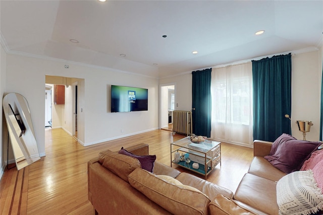 33 Hollowbrook Ct N, Cortlandt Manor, NY 10567 - living room featuring light wood-type flooring, ornamental molding, radiator, and recessed lighting