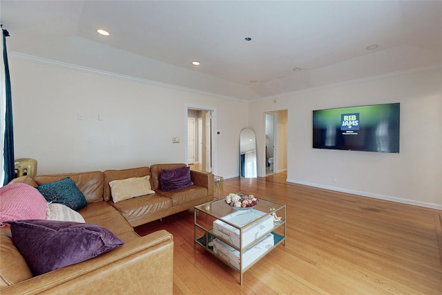 33 Hollowbrook Ct N, Cortlandt Manor, NY 10567 - living room featuring crown molding, light wood-style floors, and recessed lighting