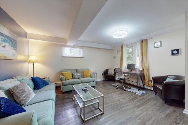 33 Hollowbrook Ct N, Cortlandt Manor, NY 10567 - living room featuring wood finished floors, beamed ceiling, and a baseboard heating unit