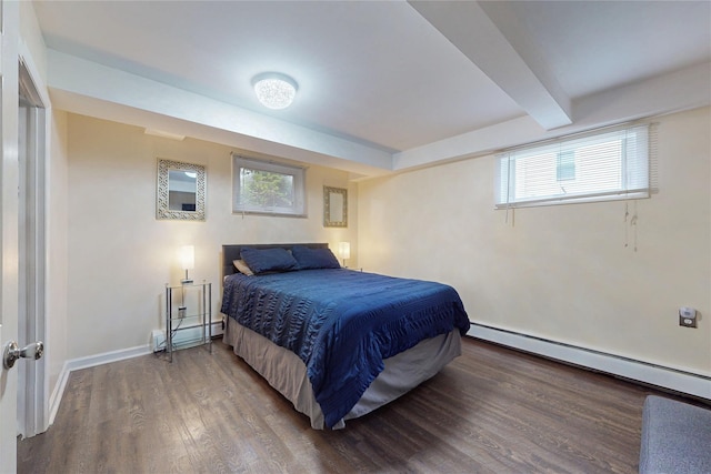 33 Hollowbrook Ct N, Cortlandt Manor, NY 10567 - bedroom featuring a baseboard radiator, wood finished floors, multiple windows, and beam ceiling