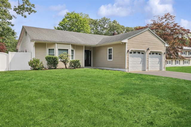 10 Marlan Ct, Smithtown, NY 11787 - ranch-style home with a chimney, a garage, driveway, and a shingled roof