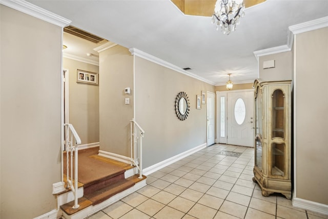 10 Marlan Ct, Smithtown, NY 11787 - entryway with crown molding, light tile patterned floors, and a chandelier