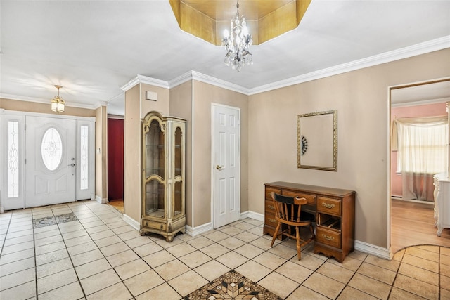 10 Marlan Ct, Smithtown, NY 11787 - entrance foyer featuring light tile patterned flooring, ornamental molding, and a chandelier