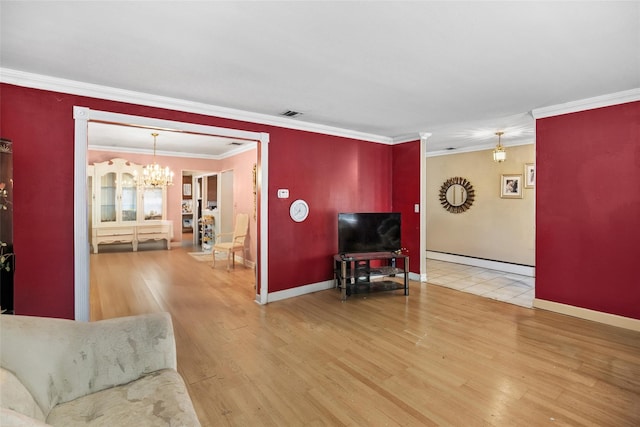 10 Marlan Ct, Smithtown, NY 11787 - living area with a chandelier, wood finished floors, and ornamental molding
