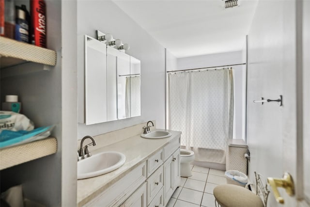 10 Marlan Ct, Smithtown, NY 11787 - bathroom with double vanity, tile patterned flooring, and shower / tub combo with curtain