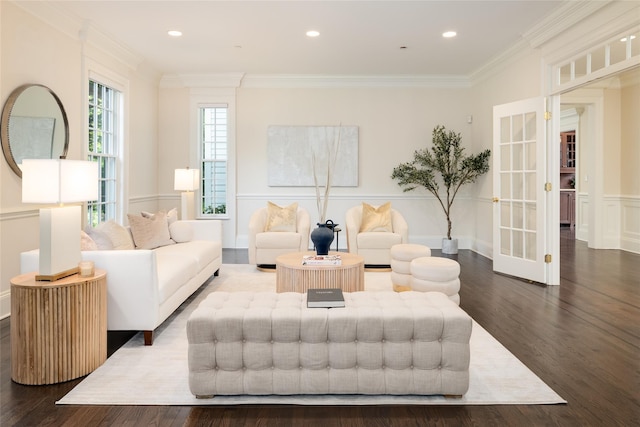 21 Dorann Rd, Purchase, NY 10577 - living area with wood finished floors, crown molding, french doors, and recessed lighting