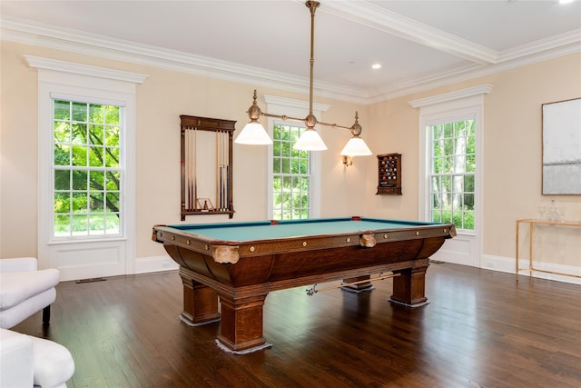 21 Dorann Rd, Purchase, NY 10577 - playroom featuring dark wood-type flooring, billiards, plenty of natural light, crown molding, and recessed lighting