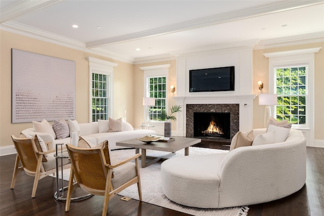 21 Dorann Rd, Purchase, NY 10577 - living area with a high end fireplace, dark wood-type flooring, healthy amount of natural light, ornamental molding, and recessed lighting
