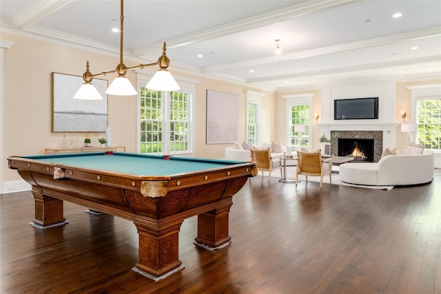 21 Dorann Rd, Purchase, NY 10577 - recreation room featuring dark wood-type flooring, a lit fireplace, pool table, ornamental molding, and beamed ceiling