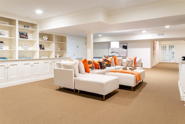 21 Dorann Rd, Purchase, NY 10577 - living area featuring ornamental molding, light colored carpet, and recessed lighting