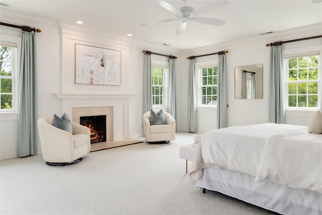 21 Dorann Rd, Purchase, NY 10577 - bedroom featuring ornamental molding, multiple windows, a premium fireplace, recessed lighting, and ceiling fan