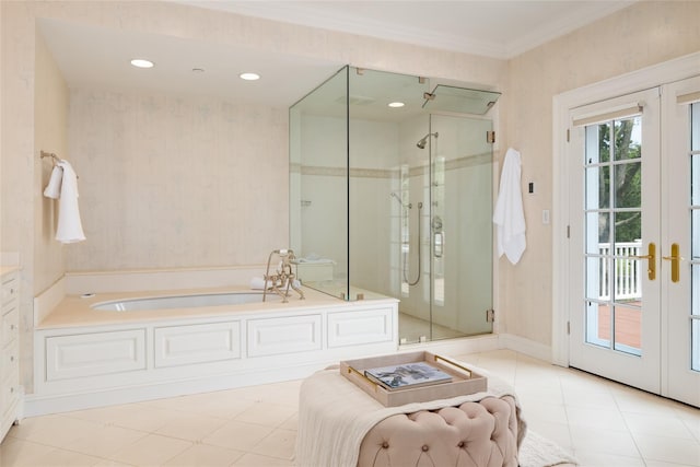 21 Dorann Rd, Purchase, NY 10577 - bathroom with a garden tub, a stall shower, crown molding, and recessed lighting