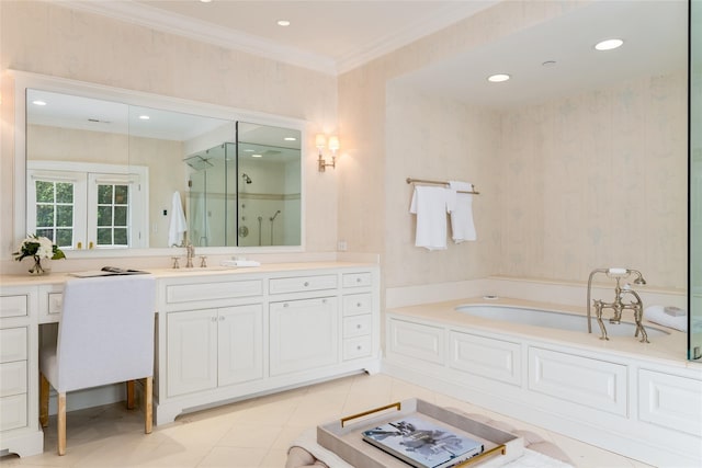21 Dorann Rd, Purchase, NY 10577 - bathroom featuring a shower stall, a garden tub, vanity, ornamental molding, and tile patterned flooring