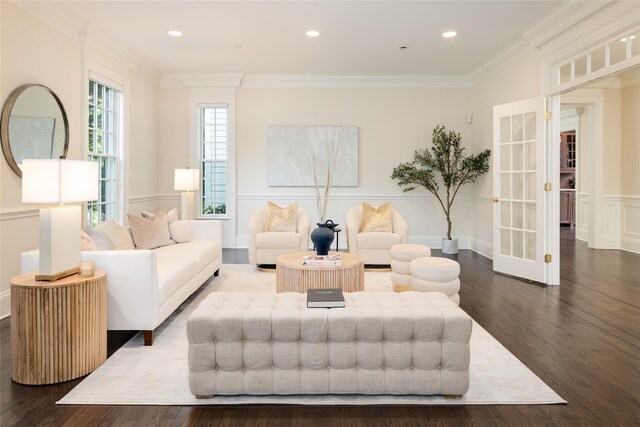 21 Dorann Rd, Purchase, NY 10577 - living area with wood finished floors, ornamental molding, french doors, and recessed lighting