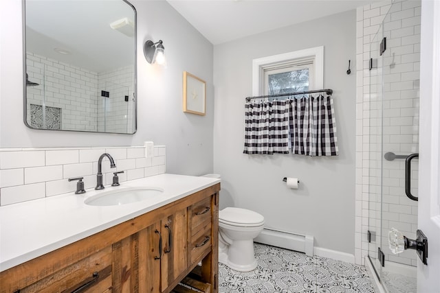 10 Bradish Ln, Babylon, NY 11702 - full bath featuring baseboard heating, vanity, a stall shower, tile patterned flooring, and decorative backsplash