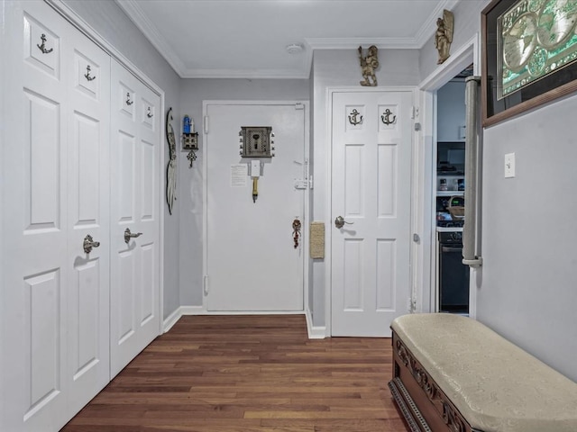 241-20 Northern Blvd Unit 6J, Little Neck, NY 11362 - hallway featuring dark wood-style floors and ornamental molding