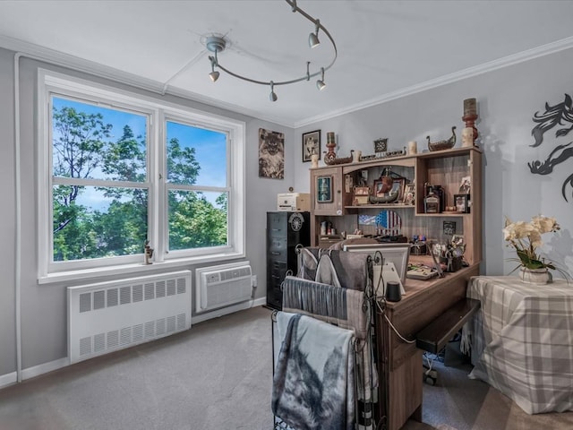 241-20 Northern Blvd Unit 6J, Little Neck, NY 11362 - living area featuring radiator, carpet flooring, a wall unit AC, and crown molding