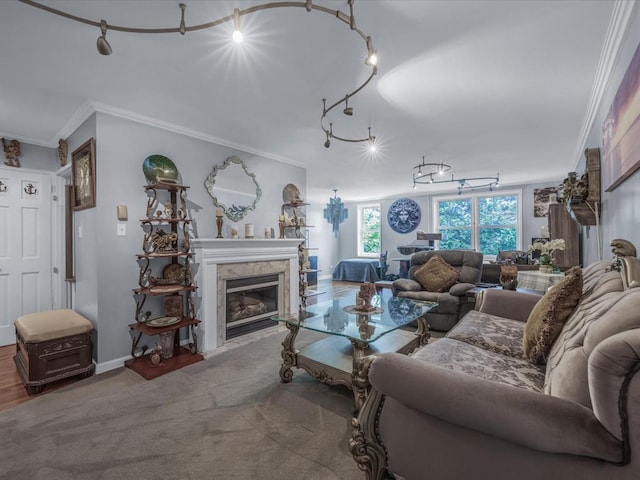 241-20 Northern Blvd Unit 6J, Little Neck, NY 11362 - living area featuring crown molding, a high end fireplace, and carpet flooring