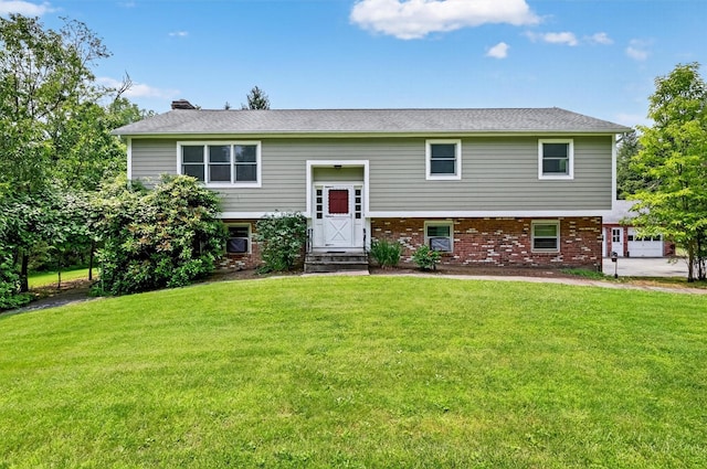 169 Rte 118, Yorktown Heights, NY 10598 - bi-level home with a front lawn, brick siding, and a chimney