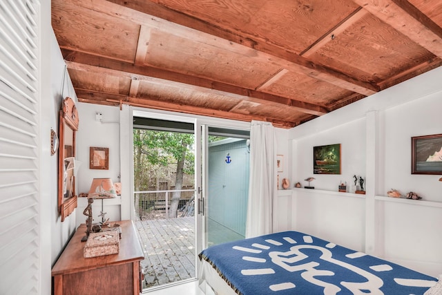 284 Bay Walk, Fire Island Pines, NY 11782 - bedroom featuring access to exterior and a wooden ceiling with exposed beams