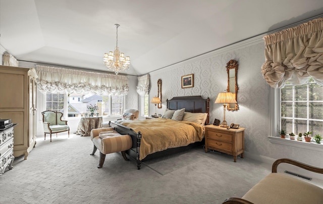 5 Hickory Ct, Manhasset, NY 11030 - bedroom with carpet flooring, a chandelier, and a raised ceiling