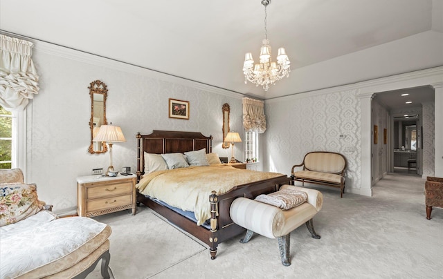 5 Hickory Ct, Manhasset, NY 11030 - bedroom featuring a chandelier, light colored carpet, and ornamental molding