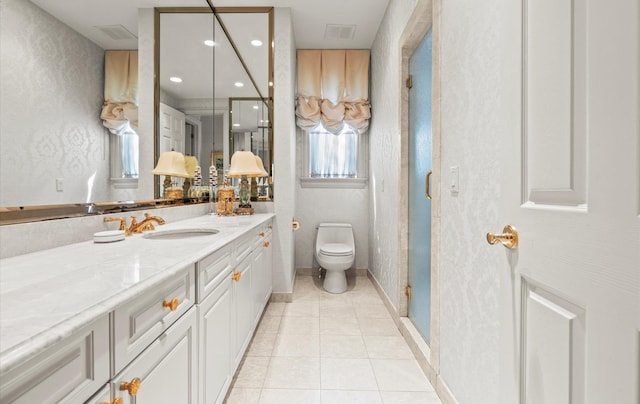 5 Hickory Ct, Manhasset, NY 11030 - full bathroom featuring vanity, tile patterned flooring, a shower stall, toilet, and recessed lighting