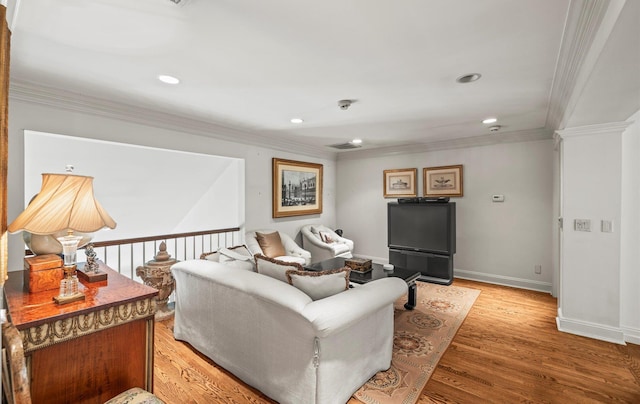 5 Hickory Ct, Manhasset, NY 11030 - living room with crown molding, light wood-style floors, recessed lighting, and baseboards