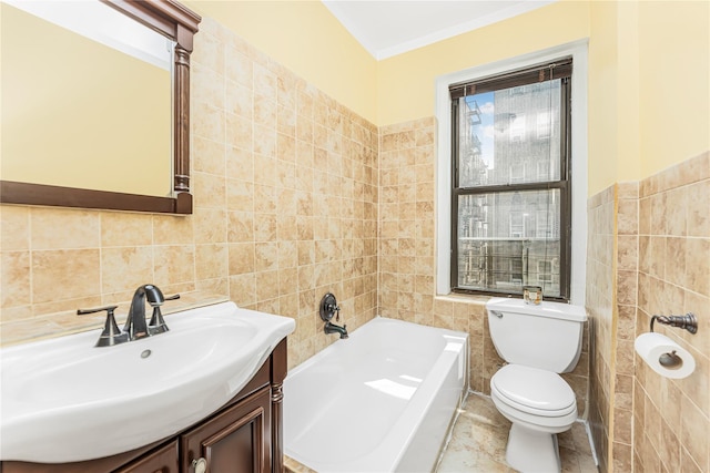 2187 Holland Ave Unit 2J, Bronx, NY 10462 - full bathroom featuring tile walls, vanity, a bath, and ornamental molding