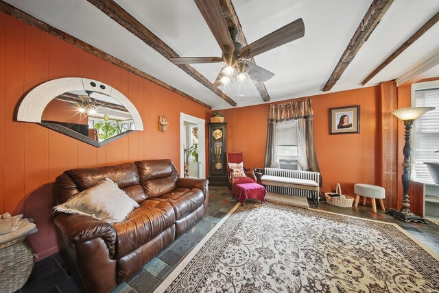 482 Scotchtown Ave, Middletown, NY 10941 - living room with ceiling fan, beam ceiling, and stone tile floors
