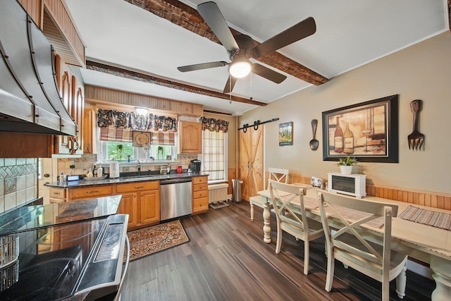 482 Scotchtown Ave, Middletown, NY 10941 - kitchen with dishwasher, a barn door, beamed ceiling, range with electric cooktop, and dark countertops