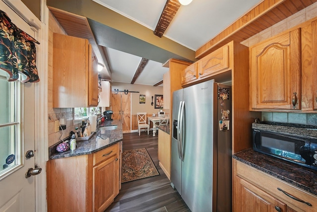 482 Scotchtown Ave, Middletown, NY 10941 - kitchen featuring stainless steel fridge with ice dispenser, dark wood-type flooring, decorative backsplash, and black microwave
