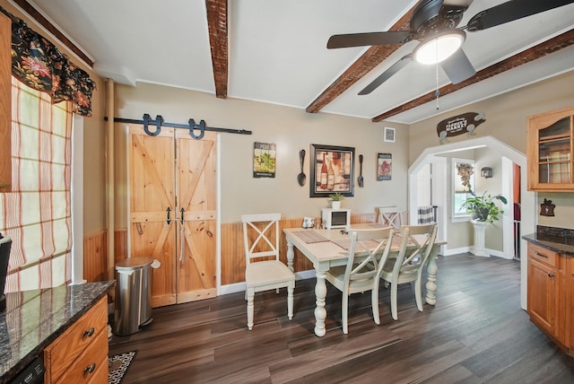 482 Scotchtown Ave, Middletown, NY 10941 - dining space featuring dark wood-type flooring, beamed ceiling, a barn door, a ceiling fan, and wainscoting