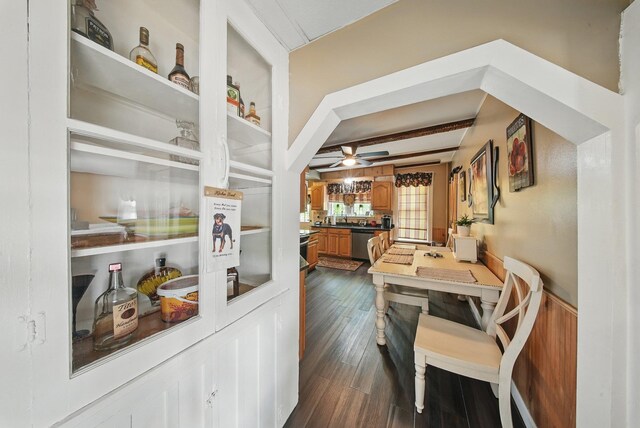 482 Scotchtown Ave, Middletown, NY 10941 - dining room featuring a ceiling fan, dark wood-style flooring, and beam ceiling