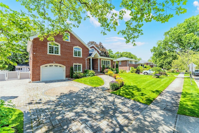 151 Birch Dr, Manhasset Hills, NY 11040 - traditional home featuring an attached garage, decorative driveway, brick siding, and a gate