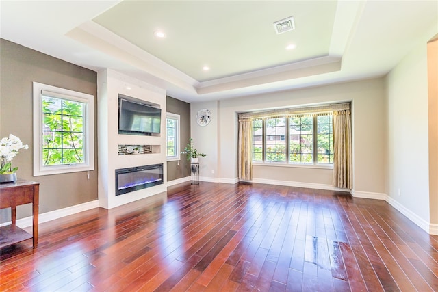 151 Birch Dr, Manhasset Hills, NY 11040 - unfurnished living room with a tray ceiling, a glass covered fireplace, dark wood-style flooring, and recessed lighting