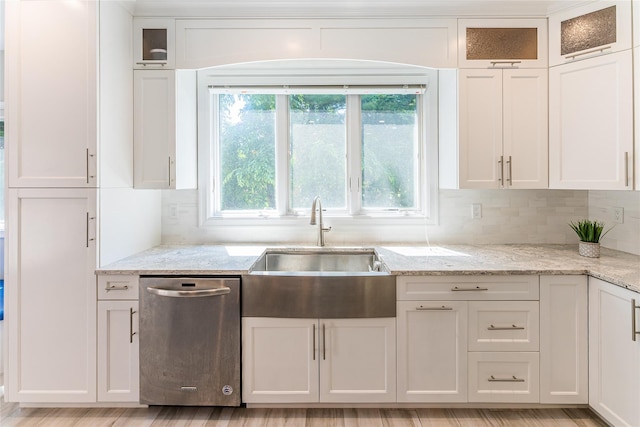 151 Birch Dr, Manhasset Hills, NY 11040 - kitchen with dishwasher, white cabinetry, backsplash, and glass insert cabinets