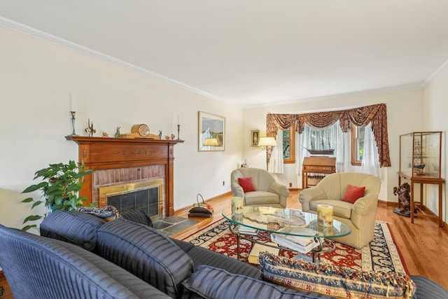 54 Ogden Ave, East Williston, NY 11596 - living room featuring crown molding, wood finished floors, baseboards, and a fireplace