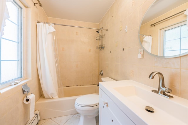 145-04 21st Ave, Whitestone, NY 11357 - full bathroom featuring tile walls, shower / bath combo with shower curtain, vanity, baseboard heating, and tile patterned flooring