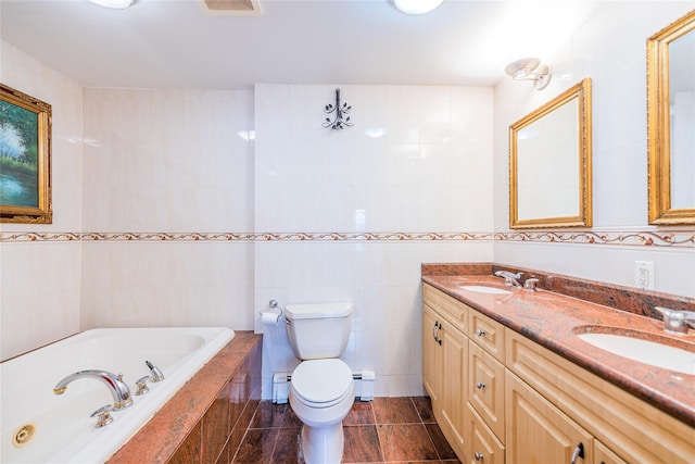 145-04 21st Ave, Whitestone, NY 11357 - bathroom featuring tile walls, a bath, double vanity, a baseboard radiator, and tile patterned flooring
