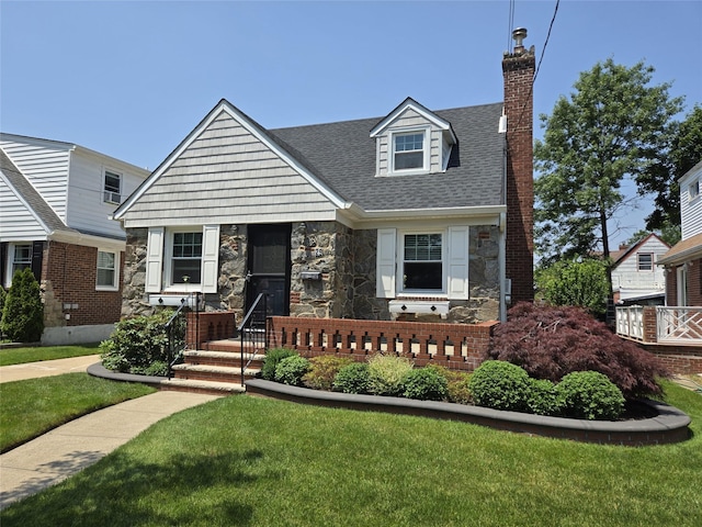 29 Irving St, Valley Stream, NY 11580 - view of front facade featuring stone siding, a chimney, a front lawn, and a shingled roof
