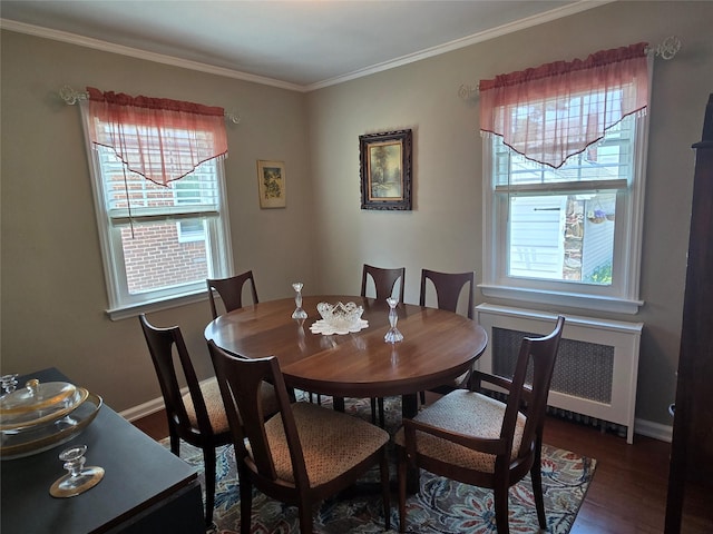 29 Irving St, Valley Stream, NY 11580 - dining room featuring radiator heating unit, healthy amount of natural light, wood finished floors, and crown molding