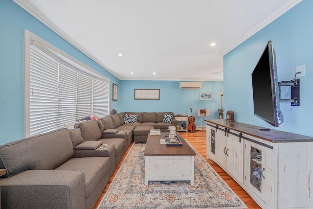 123 Baker Ct, Island Park, NY 11558 - living area featuring a wall mounted AC, ornamental molding, light wood-type flooring, and recessed lighting