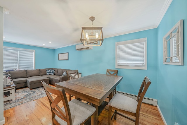 123 Baker Ct, Island Park, NY 11558 - dining space with a chandelier, light wood-type flooring, an AC wall unit, healthy amount of natural light, and crown molding
