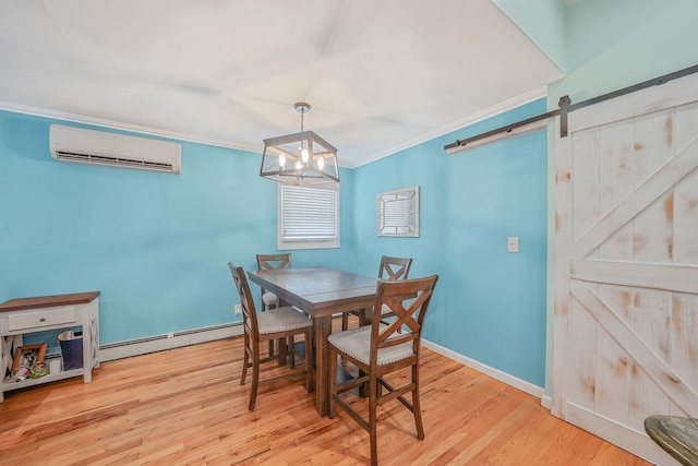 123 Baker Ct, Island Park, NY 11558 - dining area featuring a wall unit AC, a barn door, ornamental molding, wood finished floors, and a chandelier