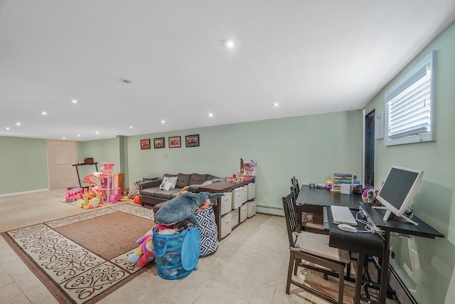 123 Baker Ct, Island Park, NY 11558 - living room with a baseboard radiator, recessed lighting, and light tile patterned floors