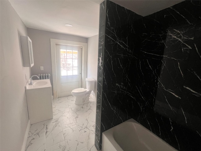 27 Hooker Ave, Poughkeepsie, NY 12601 - full bath with toilet, marble look tile flooring, vanity, baseboards, and recessed lighting