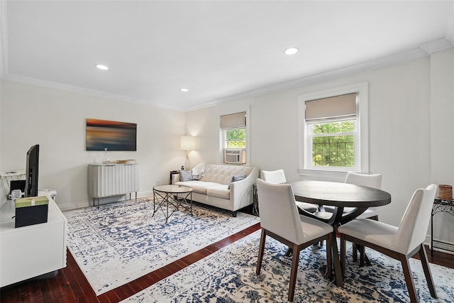 1833 Palmer Ave Unit 2C, Larchmont, NY 10538 - living room with wood finished floors, crown molding, recessed lighting, baseboards, and cooling unit