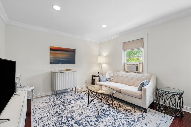 1833 Palmer Ave Unit 2C, Larchmont, NY 10538 - living room featuring crown molding, wood finished floors, baseboards, cooling unit, and recessed lighting